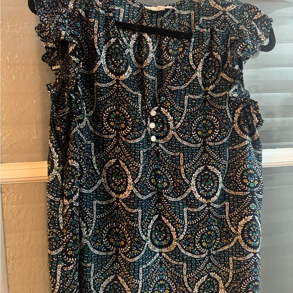 LOFT Black and Blue Ruffled Sleeveless Blouse